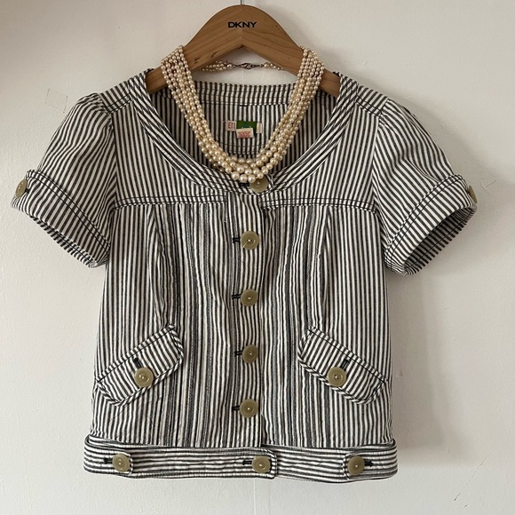 EUC Ett Twa Anthropologie sz 4 jacket short sleeve sailor stripe buttons pockets - Picture 13 of 16